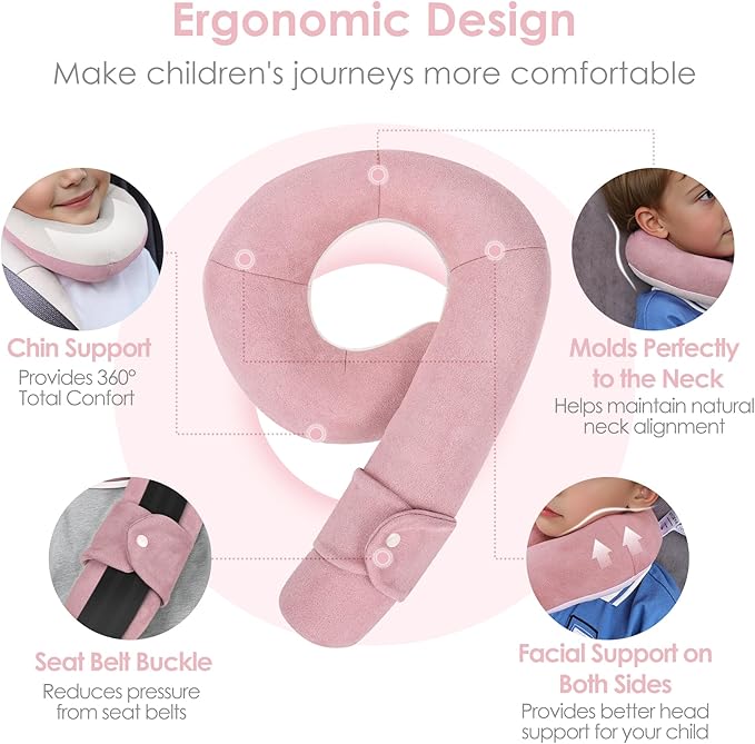 Kids Travel Neck Pillow, Comfortable Head & Chin Support for Car seat & Airplane, Toddler Pillow for Sleeping on Road Trip, Gifts for Child (Pink & Beige)