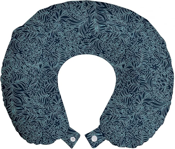 Ambesonne Dark Garden Travel Pillow Neck Rest, Abstract Flourish Nature Inspired Pattern Leaves Blossoms Print, Memory Foam Traveling Accessory for Airplane and Car, 12", Dark Blue and Turquoise