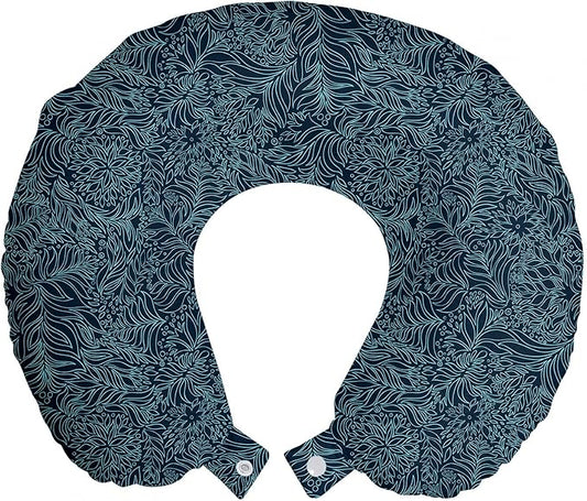 Ambesonne Dark Garden Travel Pillow Neck Rest, Abstract Flourish Nature Inspired Pattern Leaves Blossoms Print, Memory Foam Traveling Accessory for Airplane and Car, 12", Dark Blue and Turquoise