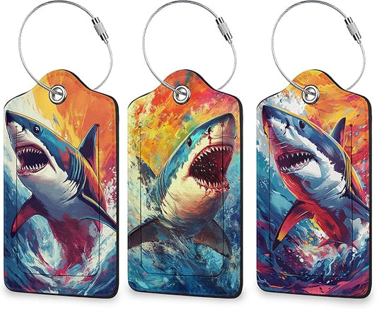 Shark Luggage Tags for Suitcase 3 Pack, Privacy Cover ID Label with Stainless Steel Loop and Address Card for Travel Bag Suitcase