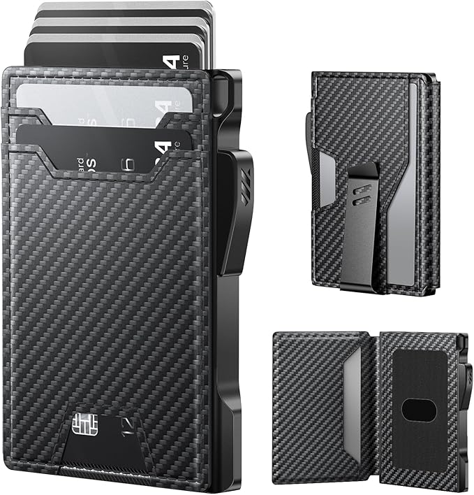 typecase Smart Wallet for Men: Metal Rfid Blocking Card Case, Ultra-Slim Bifold Wallet, Magnetic Card Holder, 9-13 Cards Capacitiy, Smart Popup Wallet for Men with Money Clip - Carbon Fiber