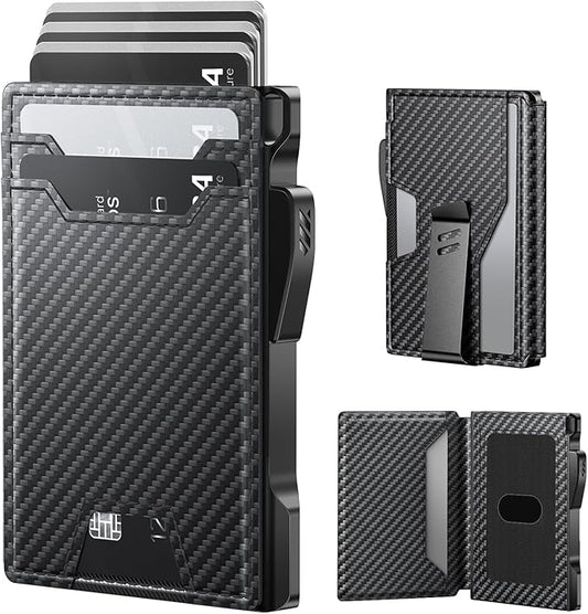 typecase Smart Wallet for Men: Metal Rfid Blocking Card Case, Ultra-Slim Bifold Wallet, Magnetic Card Holder, 9-13 Cards Capacitiy, Smart Popup Wallet for Men with Money Clip - Carbon Fiber