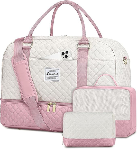 Travel Duffle Weekender Bags for Women: Overnight Bag with Shoe Compartment Carry On Bags with Toiletry & Wet Pocket Large Tote Hospital for Women Labor Delivery Beige Pink