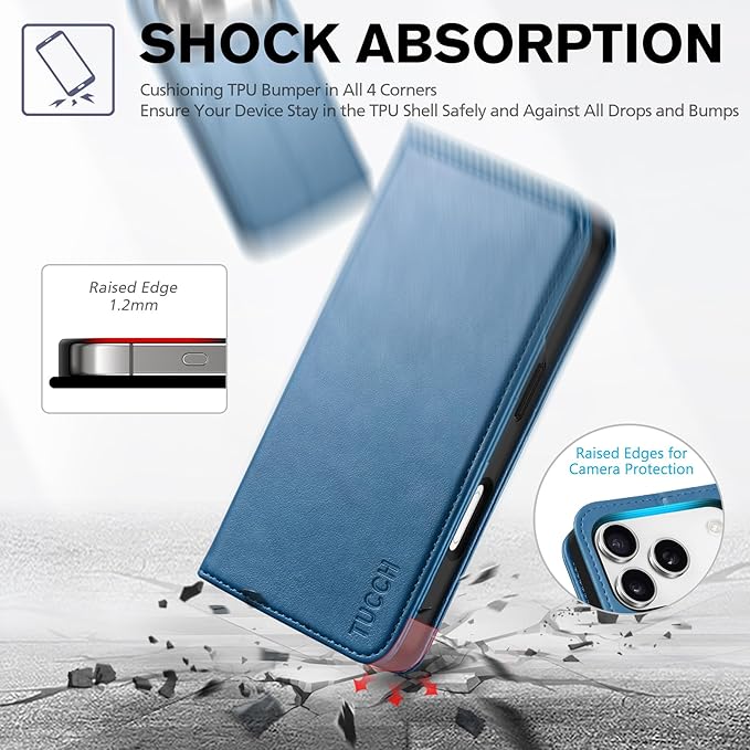 TUCCH Wallet Case for iPhone 17 Pro (6.3-Inch) 2025, 3 Credit Card Slot | RFID Blocking | Stand | PU Leather | Shockproof TPU Interior Shell | Protective Flip Folio Cover | Lake Blue