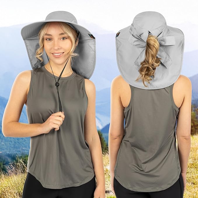 SUN CUBE Wide Brim Sun Hat with Neck Flap, UPF50+ Hiking Safari Fishing Hat for Men Women, Sun Protection Beach Hat