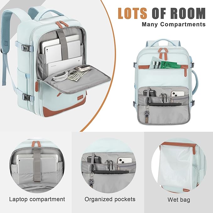 40L Travel Backpack with USB Charging Port, Water-Resistant Carry On Backpack for Men Women, Business Laptop Backpack for Trips & Commutes, Fits 15.6/17.3 Inch Laptop