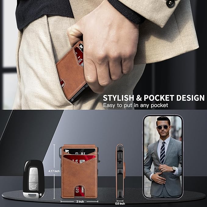 Airtag Wallet for Men, Mens Smart Wallet for Air Tag RFID Blocking, Minimalist Bifold Pop Up Aluminum Credit Card Case Holder 12+ Cards with ID Window, Gift for Men, No Airtag Included, Brown