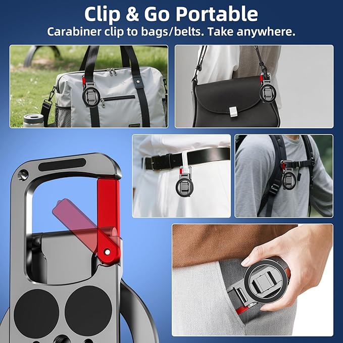 Magnetic Phone Mount for MagSafe, Maglock Tripod Adapter Magnet Golf Gym Workout Stand Metal Carabiner Dual Holder with 1/4 Screw Hole, for iPhone 16 15 14 13 12 Series Foldable Portable Accessories