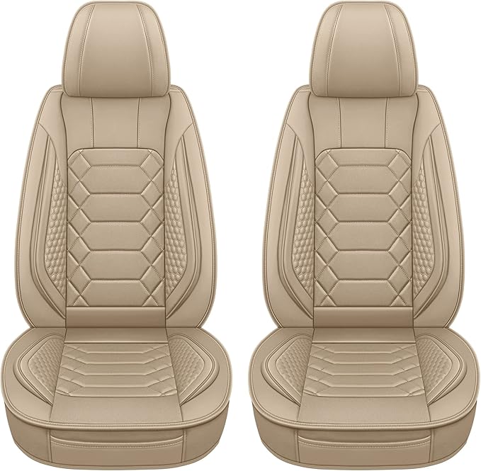 HAIYAOTIMES Leather Car Seat Covers Front Set, Waterproof Faux Leather Seat Covers for Cars, Non-Slip Car Interior Covers Universal Fit for Most Cars Sedans Trucks SUVs, Beige