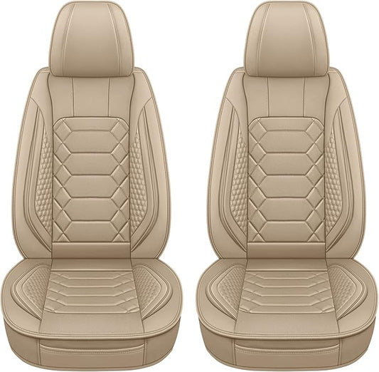 HAIYAOTIMES Leather Car Seat Covers Front Set, Waterproof Faux Leather Seat Covers for Cars, Non-Slip Car Interior Covers Universal Fit for Most Cars Sedans Trucks SUVs, Beige