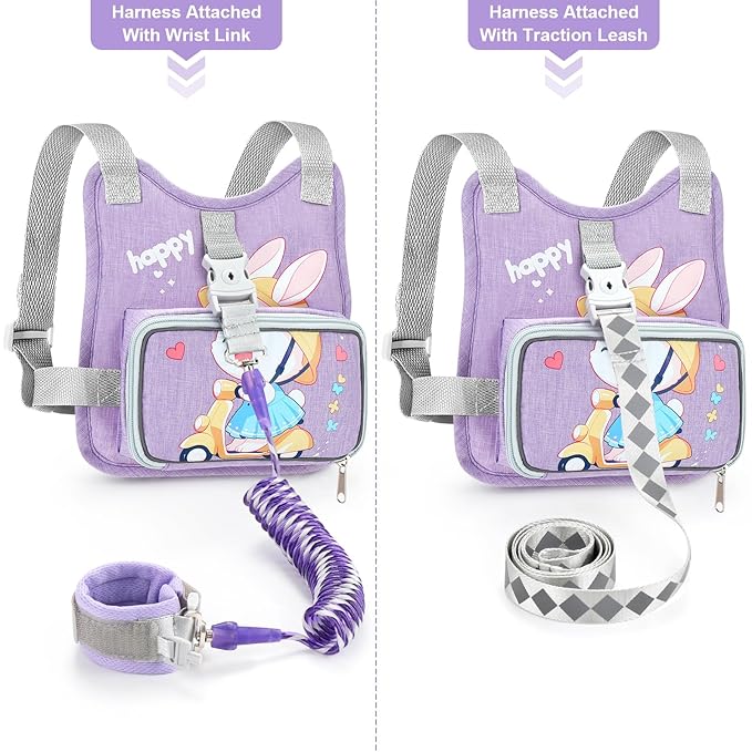 Accmor Toddler Harness Backpack Leash, Collapsible Kids Harness + Anti Lost Wrist Link, Cute Rabbit Child Leash for Outdoor Travel, Portable Baby Walking Harness Protector Wristband Strap for Girls