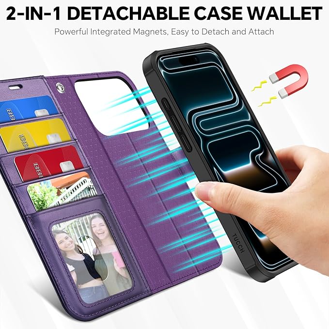 TUCCH 2-in-1 Removable Wallet Case for iPhone 17 Pro (6.3-inch) 2025, Wireless Charging | RFID Blocking 4 Card Holders | Wrist Strap | Kickstand | Magnetic | PU Leather Protective Cover | Deep Purple