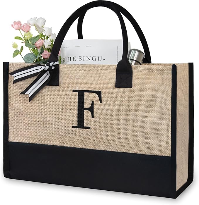 TOPDesign Personalized Initial Canvas Beach Bag, Monogrammed Gift Tote Bag for Women