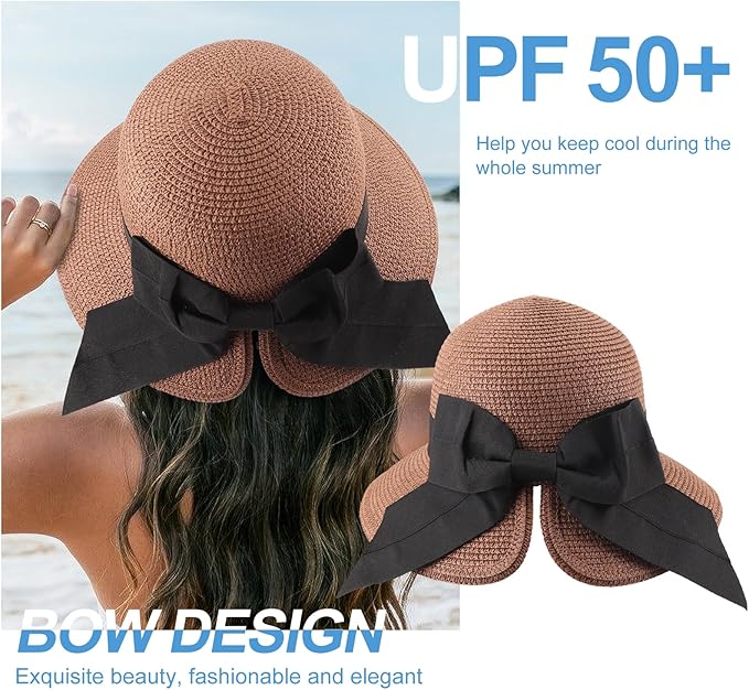 DRESHOW Sun Hats for Women Travel Fedora Foldable Beach Sun Hat Summer Wide Brim Straw Bucket Hat with Bowknot UPF 50+