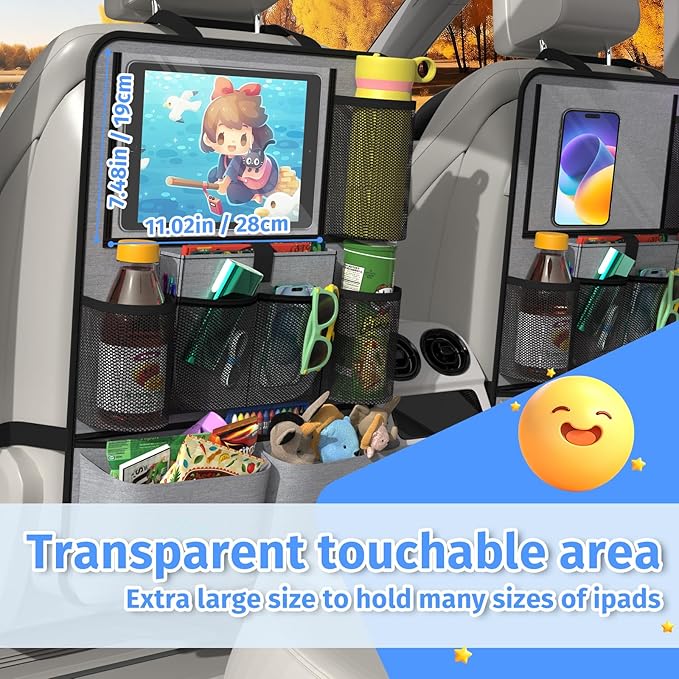 Car Backseat Organizer with Tablet Holder,11 Storage Pockets with Foldable Food Tray, Protector Kick Mats for Kids, Travel Accessories Organizer (Gray, 2Pack)