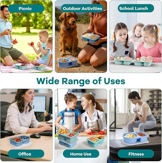 3 Pack Reusable Silicone Snack Containers with Semi-Transparent Lids, Small Leak-Proof 2 Compartment Condiment Container for Sauce, Fruit, Portable Food Storage Box for Office, Travel, Outdoors