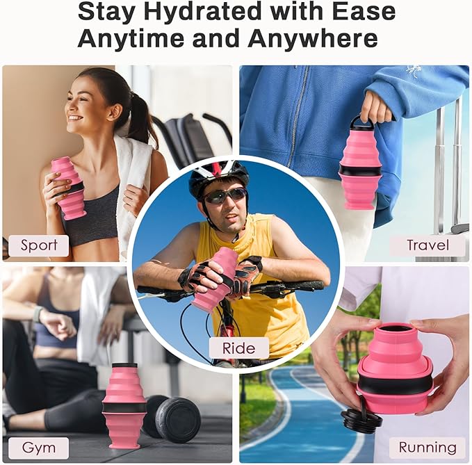 Collapsible Water Bottles with Anti-Collapse Ring,600ml Foldable Water Bottle BPA Free Reusable Lightweight LeakProof Silicone for Travel Hiking Camping Gym Sports，Collapses to 1.5” Pink