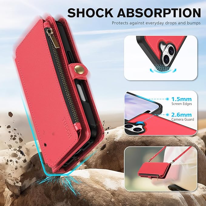 TUCCH Detachable Crossbody Wallet Case for iPhone 17 6.3", 9 Card Slots RFID Blocking | Stand | Lanyard | Wrist Strap | Wireless Charging | Zipper Pocket | PU Leather | Magnetic Flip Cover | Red