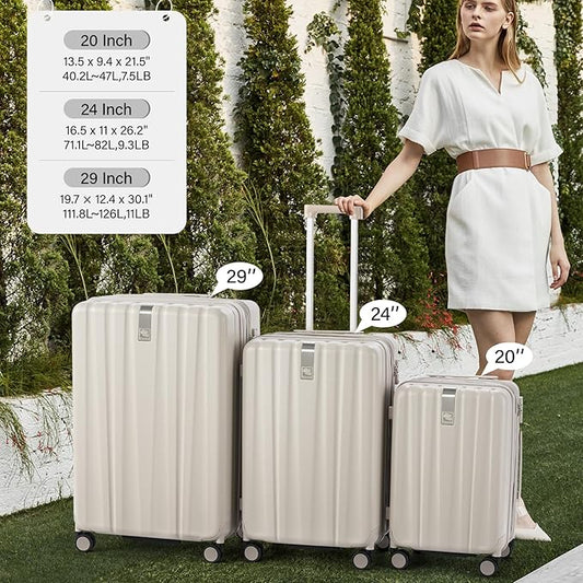 Hanke Expandable Hardshell Luggage Sets 3 Piece Extra Large Suitcases with Lock,28 Inch Luggage with Spinner Wheels, PC Travel Suitcase for Women Men 20 24 29Inch,Ivory White