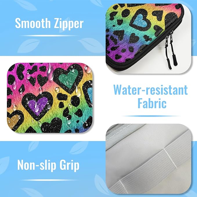 Rainbow Heart Travel Cable Organizer Pouch Colorful Leopard Print Electronics Accessories Carry Case Portable Water Resistant Storage Bag for Cord Charger Phone Earphone SD Card