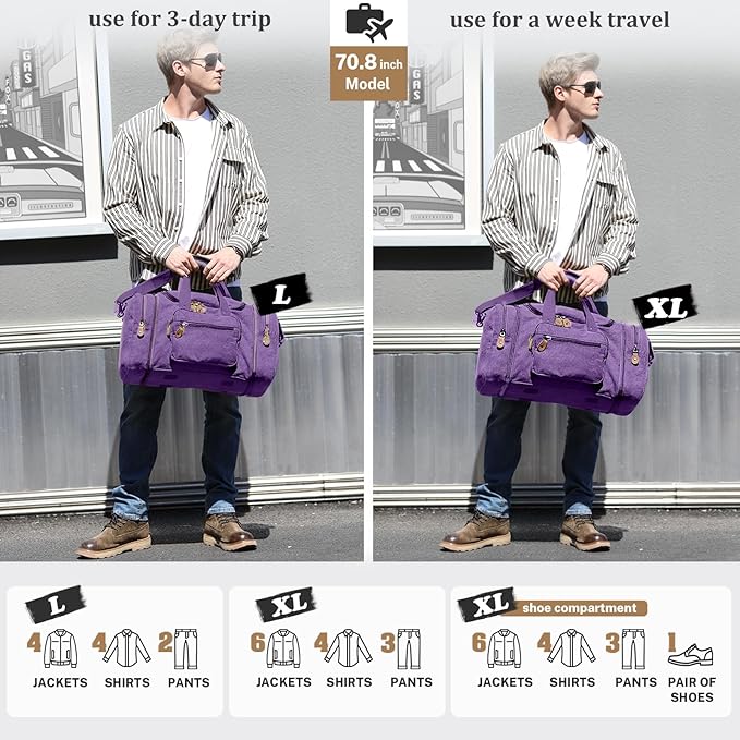 Gonex Canvas Duffle Bag for Travel 50L Expandable Duffel Weekend Overnight Bag (Purple)