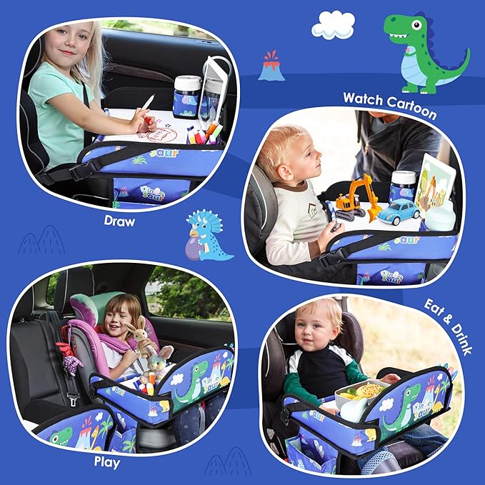 WENRENER Kids Travel Tray for Airplane - Toddler Car Seat Table Tray, Road Trip Essentials for Boys & Girls, Carseat Lap Desk for Kids Road Trip Activities,Blue Dinosaur