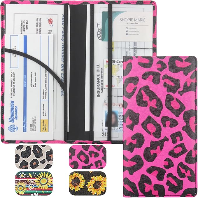 Premium Car Registration & Insurance Card Holder with Magnetic Shut, Vehicle Glove Box Car Organizer - For Documents, Cards, License (Leopard B)