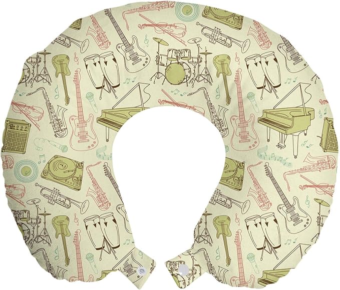 Ambesonne Jazz Music Travel Pillow Neck Rest, Doodle Different Instruments Entertainment Band Equipment Drawing, Memory Foam Traveling Accessory for Airplane and Car, 12", Beige Blush