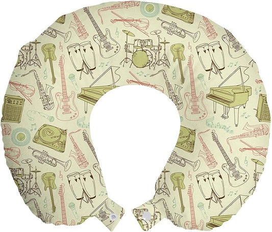 Ambesonne Jazz Music Travel Pillow Neck Rest, Doodle Different Instruments Entertainment Band Equipment Drawing, Memory Foam Traveling Accessory for Airplane and Car, 12", Beige Blush