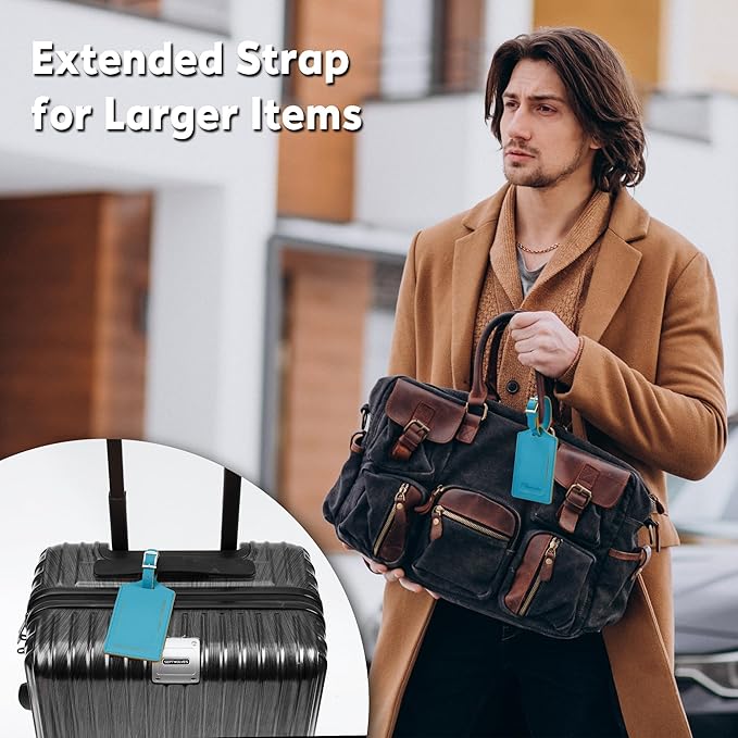 Travelambo 8 Pack Luggage Tags Faux Leather for Suitcases Travel Bag Labels Travel Accessories Essential with Protection Cover ID (Energetic Blue)