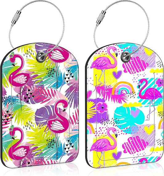 2 PCS Leather Luggage Tag for Suitcase Tropical Leaf and Flamingo Travel Suitcase Labels with Privacy Name ID Label and Stainless Steel Loop for Adults Teens Travel Bag Labels Set