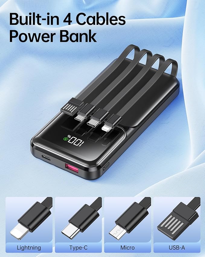 Portable Charger with Built in Cable -20000mAh Fast Charging Power Bank USB C Slim 22.5W LED Display Battery Pack 5 Outputs & 3 Inputs for Travel Essentials iPhone Samsung Phones Black