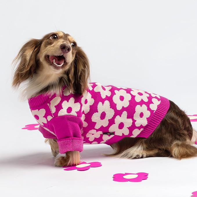 Fitwarm Floral Dog Sweater, Thermal Sweatshirt, Winter Clothes for Small Dogs Girl, Pullover Jumper, Pet Outfit, Hot Pink, White, XS