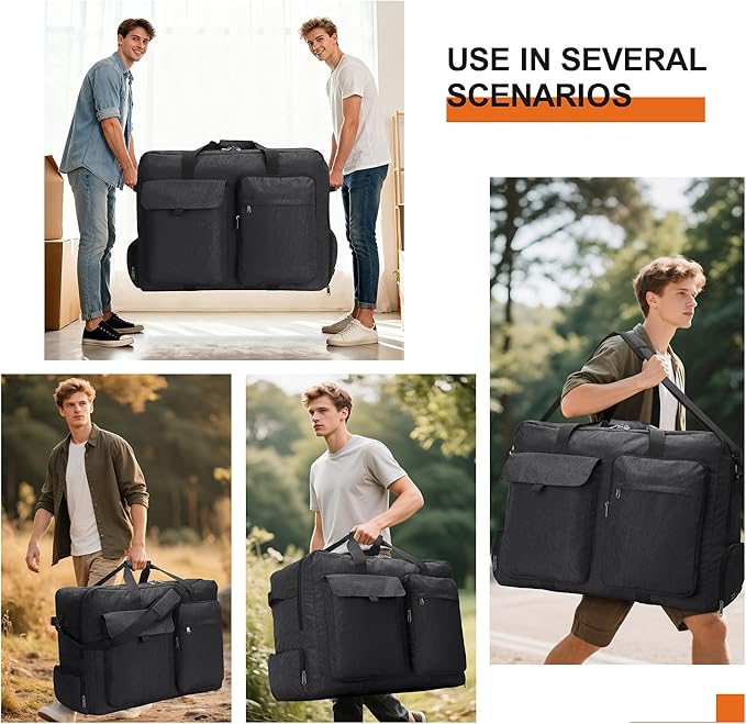 Large Travel Duffle Bag for Men Women, 80L 100L 120L Foldable Waterproof Duffle Bag, Packable Bag with Shoes Compartment for Overnight Gym Weekender Bag (Black, 100L)