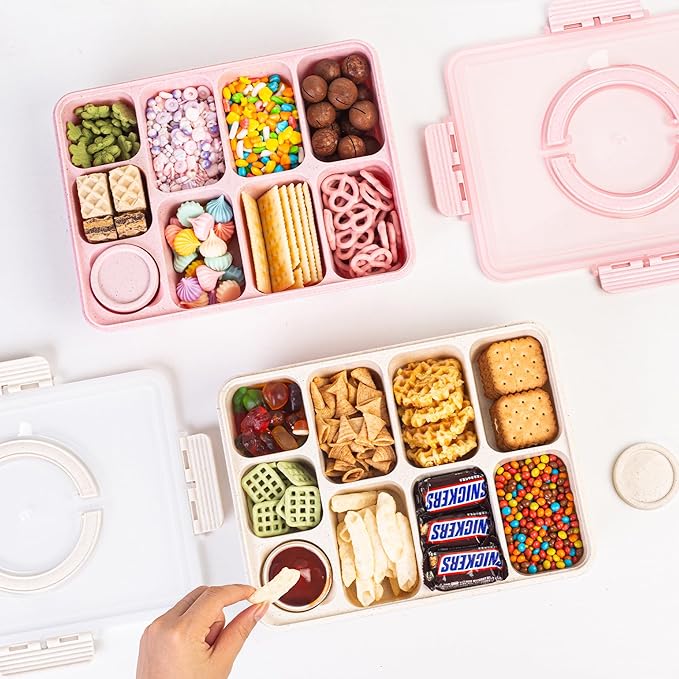 Wheat Straw Snackle Box Container,Dishwasher Safe-9 Compartment Divided Serving Tray with Lid and Handle, Built-in Dip Containers,BPA-Free,Pink