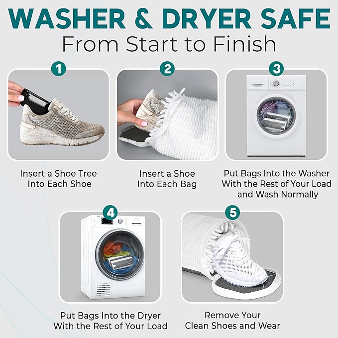 2 Pack Shoe Washing Machine Bag – Reusable Chenille Laundry Shoe Bag for Washing Machine/Dryer with Adjustable Shoe Trees, Deep Clean Protection for Sneakers, Tennis Shoes, Men & Women