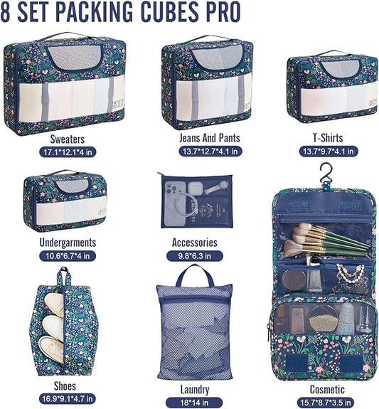 Veken 8 Set Packing Cubes for Travel Essentials, Suitcase Organizer Bags in 4 Sizes, Carry-On Luggage Accessories with Large Laundry & Hanging Toiletry Bag, Must-Have for Airplane, Road Trip & Camping