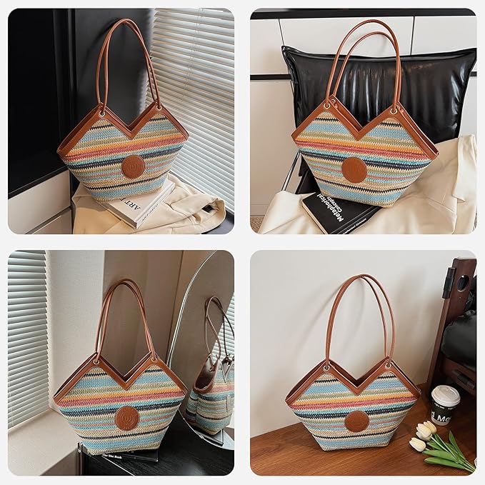 ZOCILOR Women's Straw Shoulder Tote Bag with PU Leather Trim, Large Woven Beach Handbag, Lightweight Casual Summer Purse