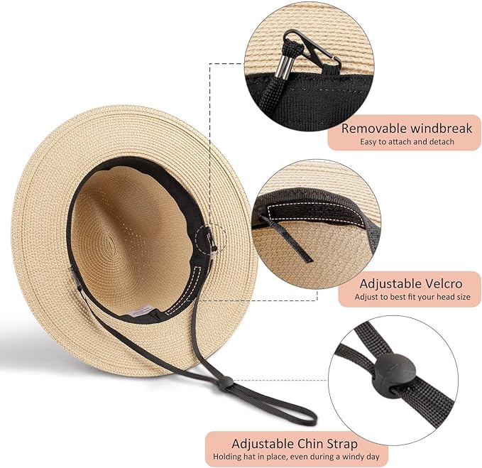 DRESHOW Women Straw Panama Hat Travel Fedora Beach Sun Hat Summer Wide Brim Straw Roll up Hat UPF 50+