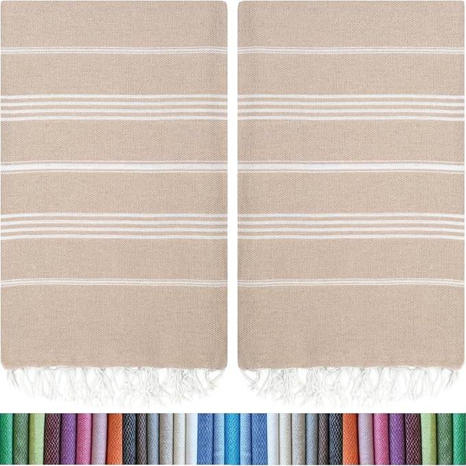 HAVLULAND Set of 6 Turkish Cotton Beach Towels, Oversized 72"x40", Quick-Dry, Absorbent, Lightweight, Sand-Free, Compact, Ideal for Beach, Pool, Gym, Yoga, Travel, Camping, Picnic - Bulk of 6 Beige