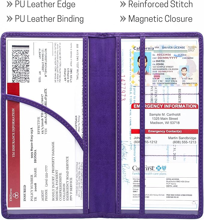 CANOPUS Car Registration and Insurance Holder, PU Leather Card Holder, Vehicle Glove Box Organizer for Auto, SUV, Truck, Purple