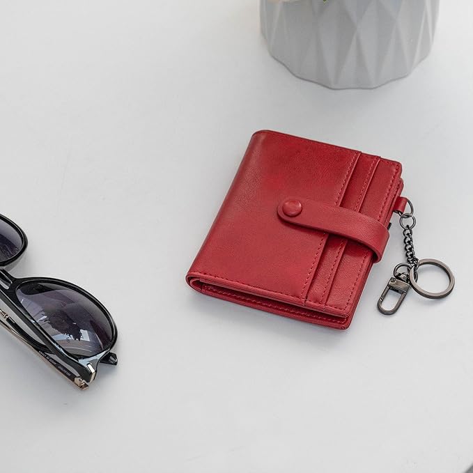 Alldaily Slim Keychain Wallet for Women, RFID Blocking Small Bifold Travel Credit Card Holder (Red)