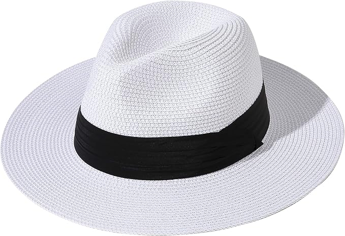 Lanzom Women Wide Brim Straw Panama Roll up Hat Fedora Beach Sun Hat UPF50+