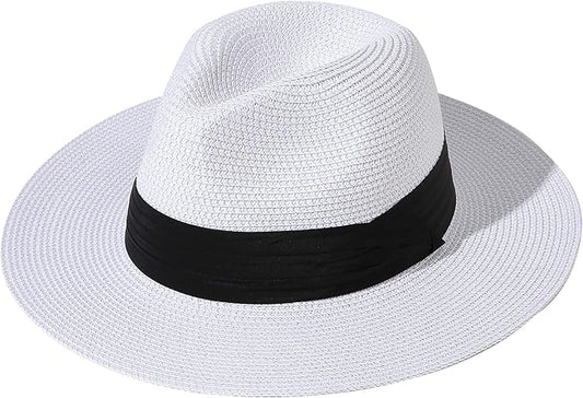 Lanzom Women Wide Brim Straw Panama Roll up Hat Fedora Beach Sun Hat UPF50+