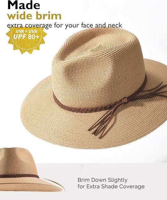 FURTALK Sun Hats for Women Summer Wide Brim UV UPF 80+ Panama Fedora Foldable Packable Straw Beach Hat