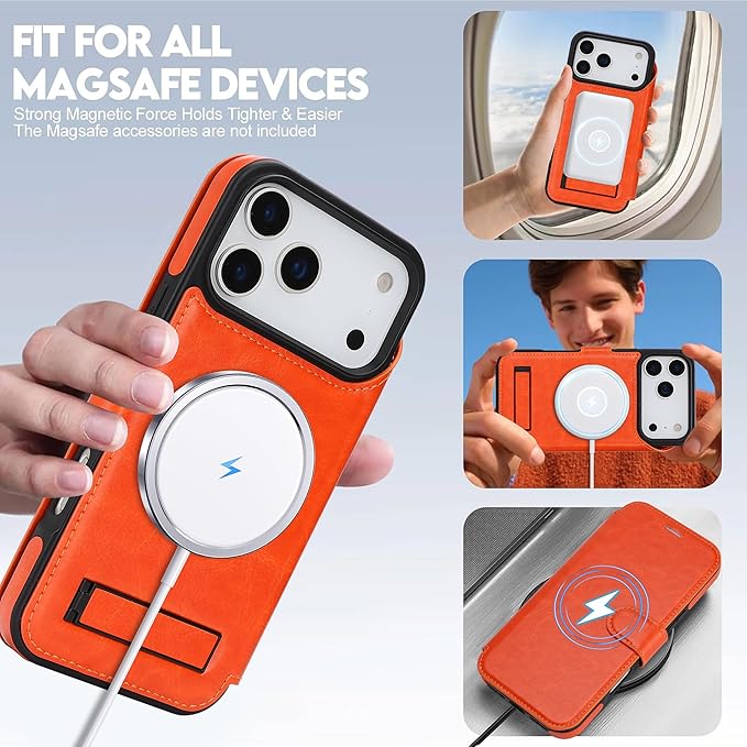 CIVICASE for iPhone 17 Pro Wallet Case with Stand,PU Leather Flip Credit Card Holder Slots (RFID Blocking),Compatible with Magsafe Magnetic Holder Phone Cover Women Men,Orange