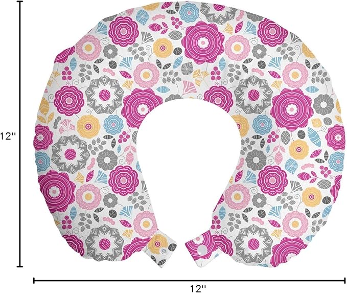 Ambesonne Spring Travel Pillow Neck Rest, Geometric Flower Petals Lily Dahlia Blooms and Leaves Botany Pattern, Memory Foam Traveling Accessory for Airplane and Car, 12", Purple Grey