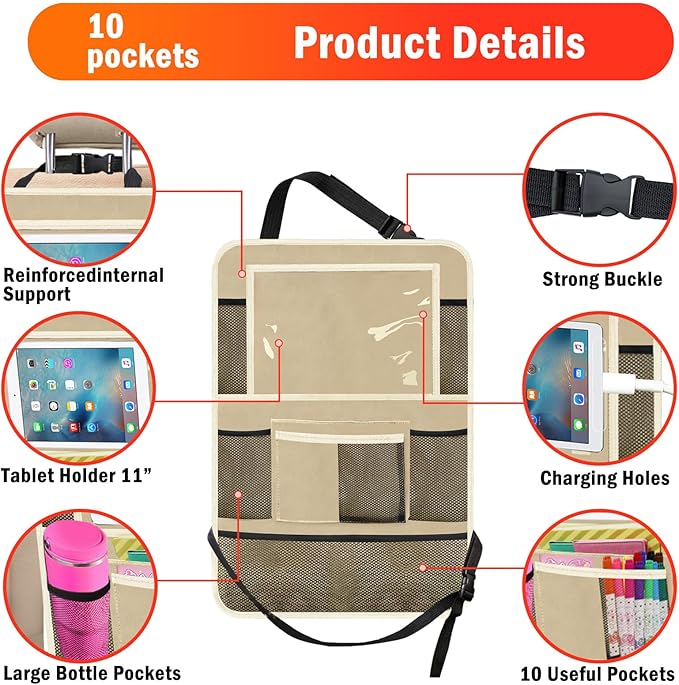 Car Backseat Organizer ，2 Pack Car Organizer Back Seat with 11" Tablet Holder, 10 Storage Pockets Seat Back Protectors Kick Mats for Kids Toddlers, Travel Accessories (Beige)