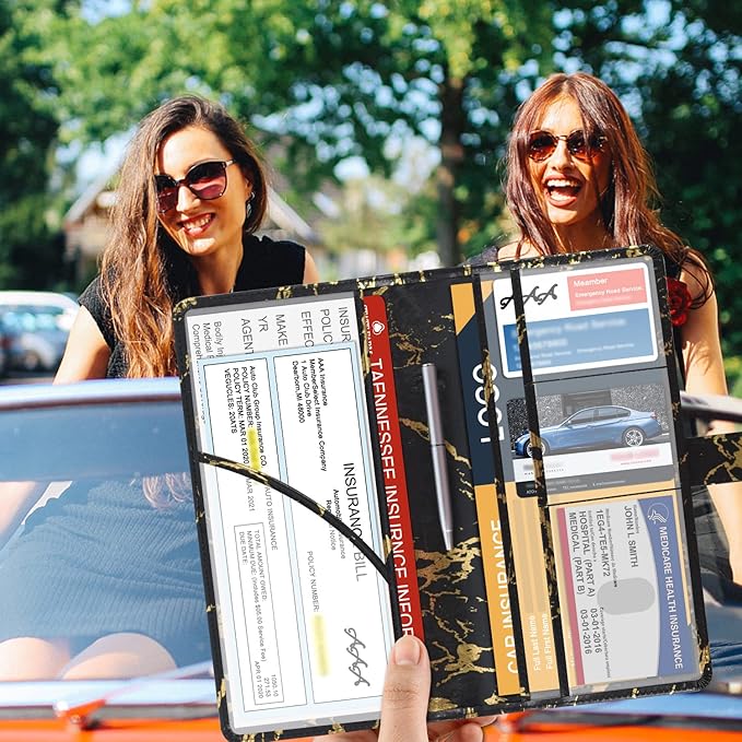 DMLuna Car Registration and Insurance Holder, Leather Vehicle Card Document Glove Box Organizer, Auto Truck Compartment Accessories for Essential Information, Driver License Cards, Black/Gold Marble