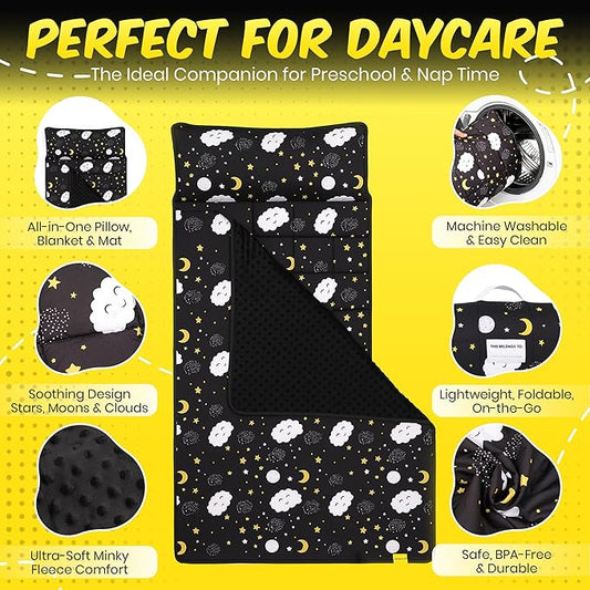 Roll Up Kids Nap mat with Fleece Ultra-Soft Minky Blanket and Pillow – Soft Toddlers Sleeping Mat with Dreamy Star-and-Cloud Design for Daycare, Preschool, Travel, Camping, Kindergarten